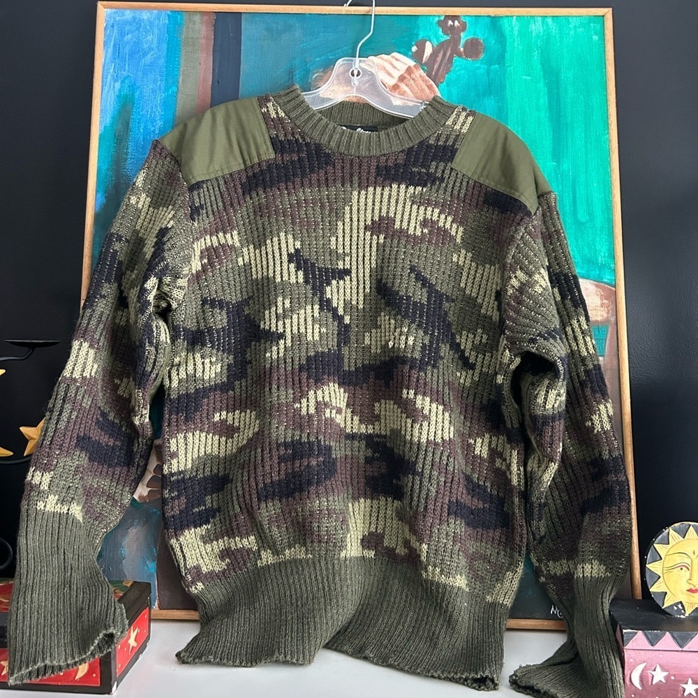 Vintage Peter Storm Camo Wool Sweater XL Men’s Military Knit Crewneck Olive